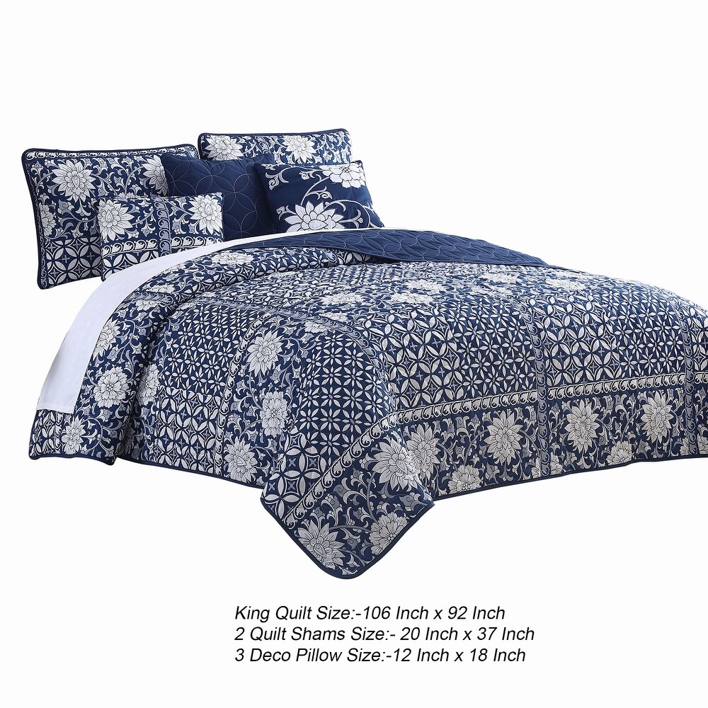 Ann 6 Piece King Size Polyester Quilt Set  Flowers  Reversible  Navy Blue