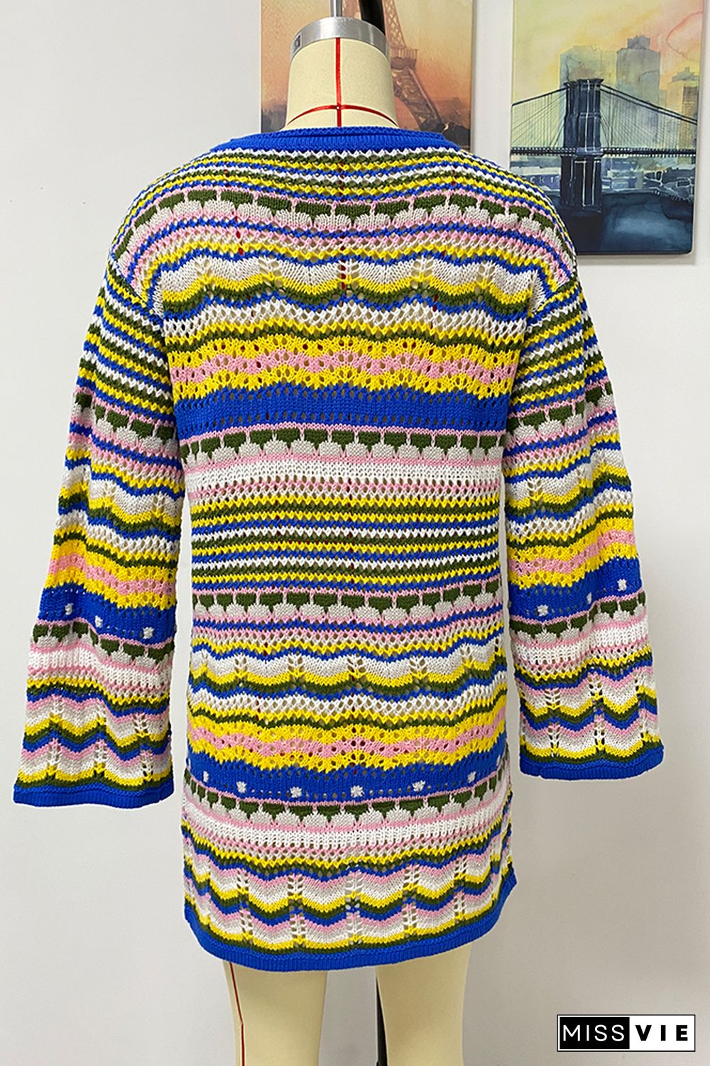 Rainbow Stripe Long Sleeve Knitted Dress Women Wholesale