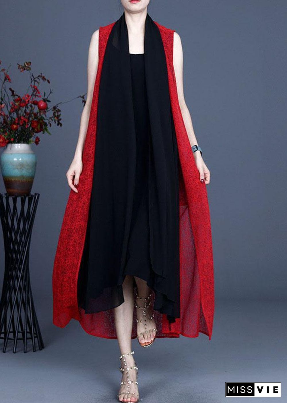 Boutique Red Asymmetrical Summer Maxi Waistcoat Sleeveless