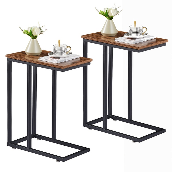 Modern Snack Table C-shaped Side End Table Set of 2，Brown/Black/Grey Sofa Table