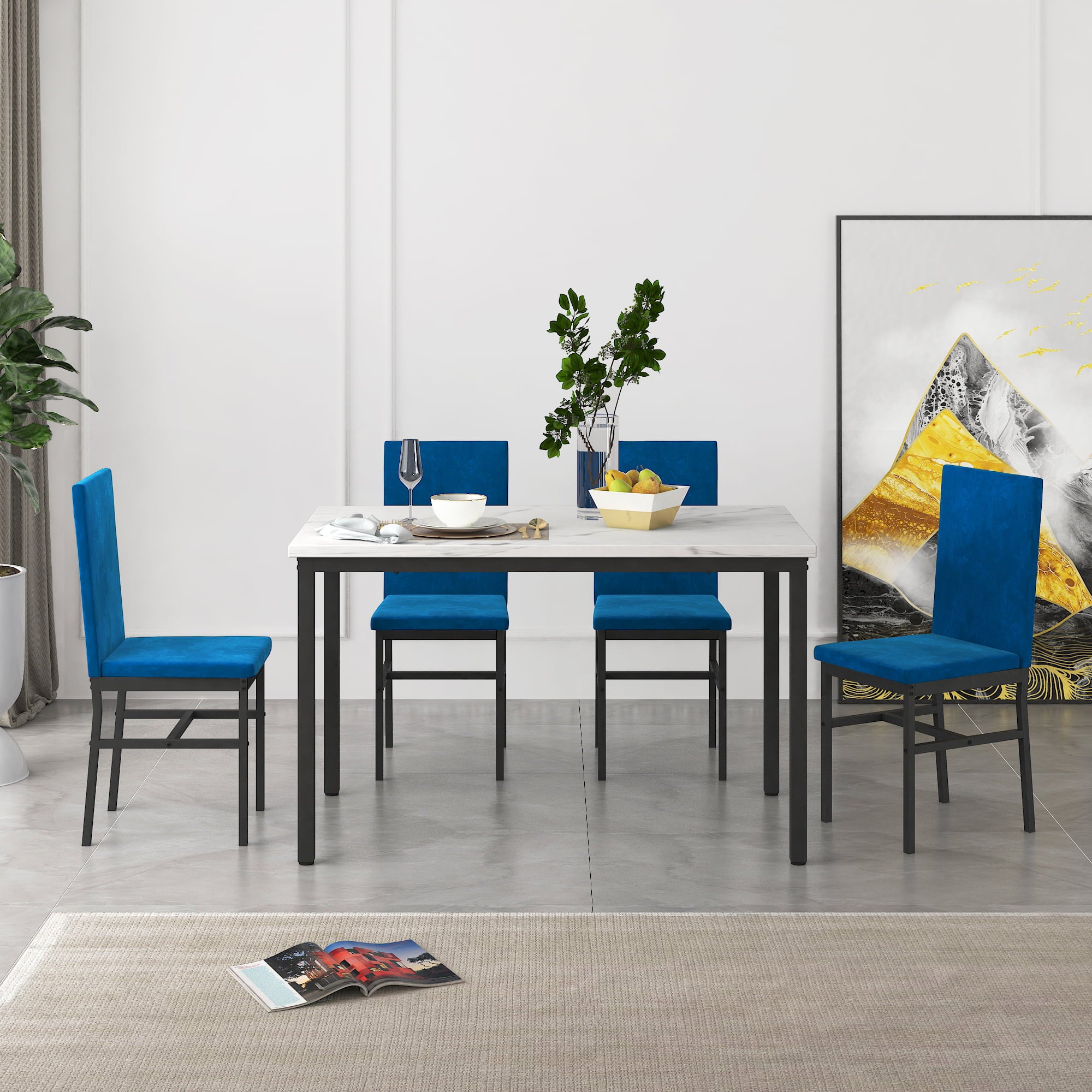 Kitchen Dining Table Set, 5-Piece Dining Table and Chairs, Metal Frame Dining Room Set with White Marble Table and Blue Velvet Chairs for 4