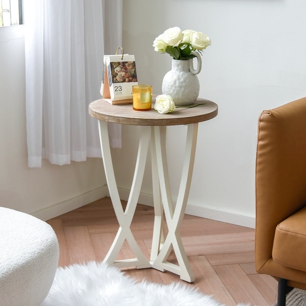 Farmhouse Round End Table， Rustic Wood Side Table for Living Room/Bedroom， White/Natural