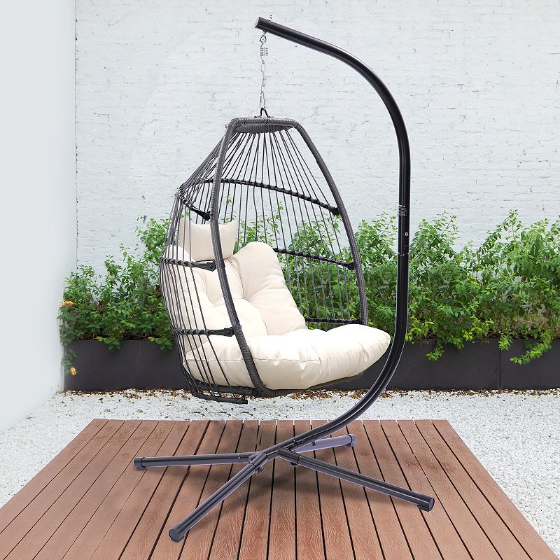 F.C Design Outdoor Patio Wicker Folding Hanging Chair Rattan Decor Swing Hammock Egg Chair with Cushion and Pillow