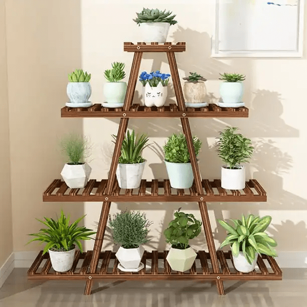 Magshion 4 Tier Pine Wood Plant Stand Indoor Outdoor Multi Tiered Tall Planters Flower Pot Shelves Display Rack Holder