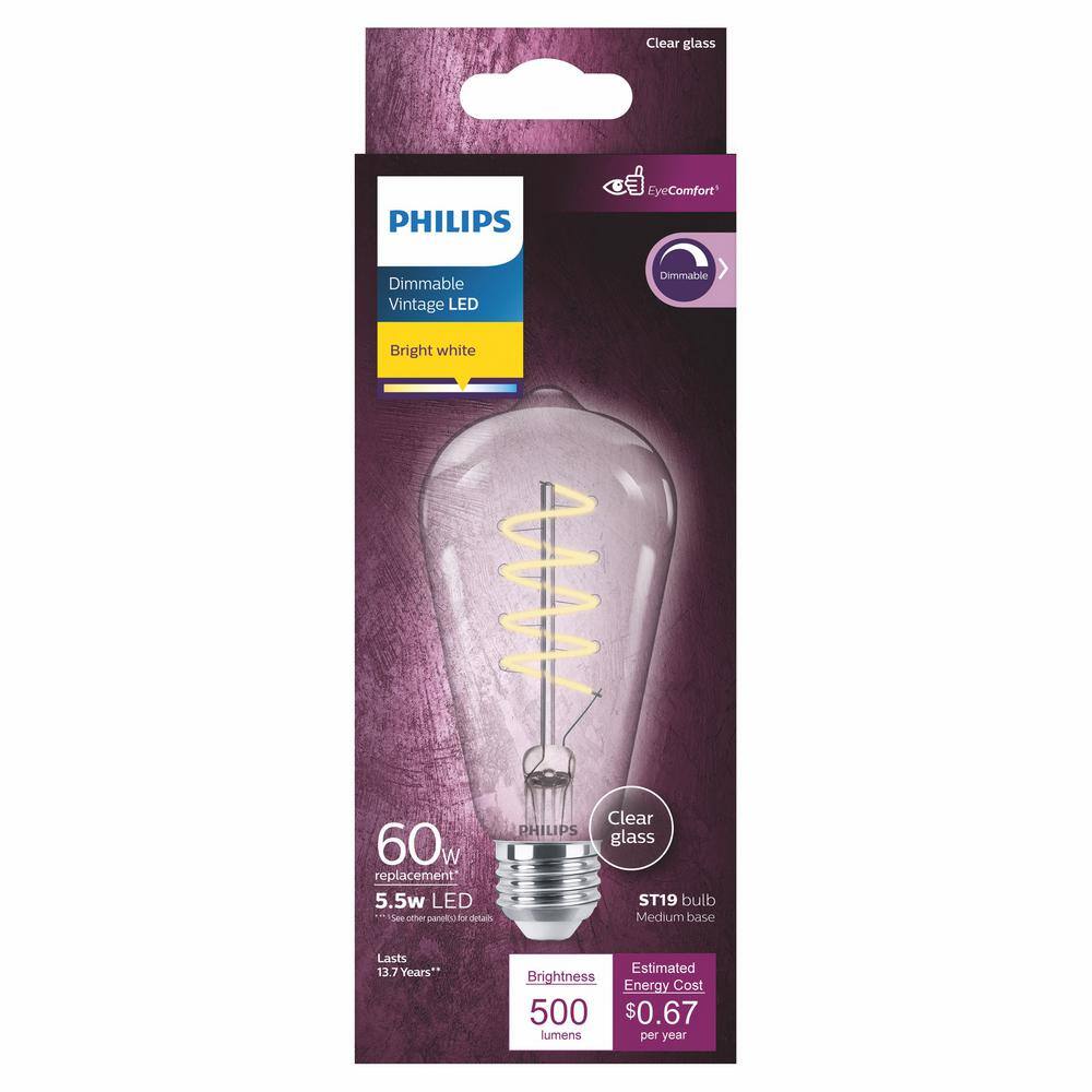 Philips 60-Watt Equivalent ST19 Spiral Filament Glass Dimmable E26 Vintage Edison LED Light Bulb Bright White 3000K (1-Pack) 565820