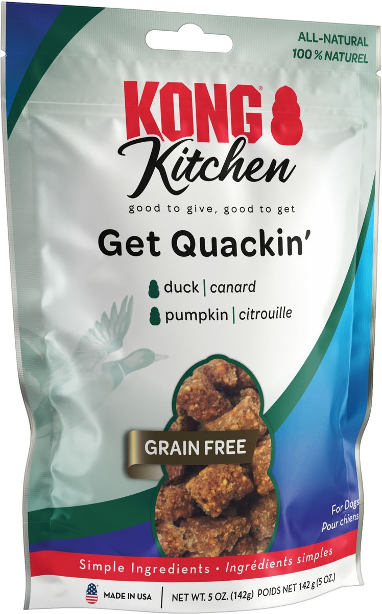 KONG Kitchen Get Quackin' Grain-Free Duck Chewy Dog Treats， 5-oz bag