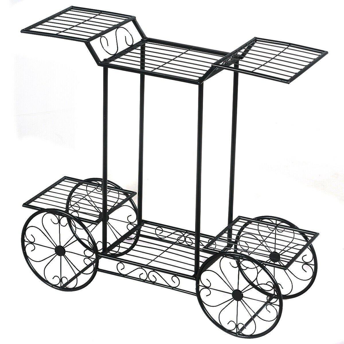 6-Tier Outdoor Garden Cart Metal Flower Rack Display Stand with 4 Wheels