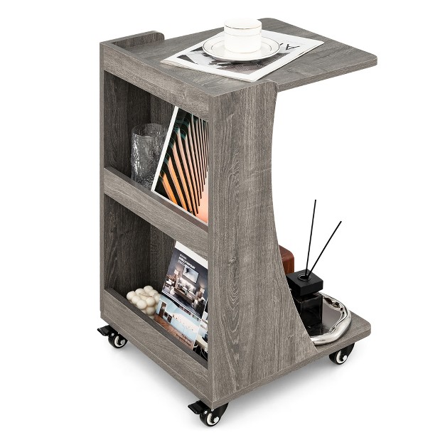 Costway Side Table With Rolling Casters Mobile C shaped End Table With 2 tier Open Storage Shelf amp 2 Back Storage Compartments Brown grey