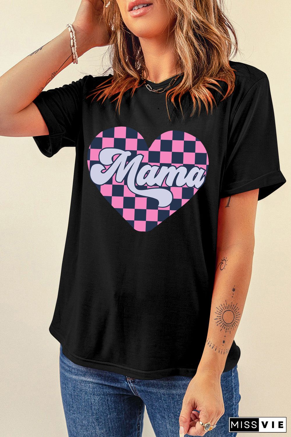 Black Mama Checkered Heart Shape Print Crewneck T Shirt