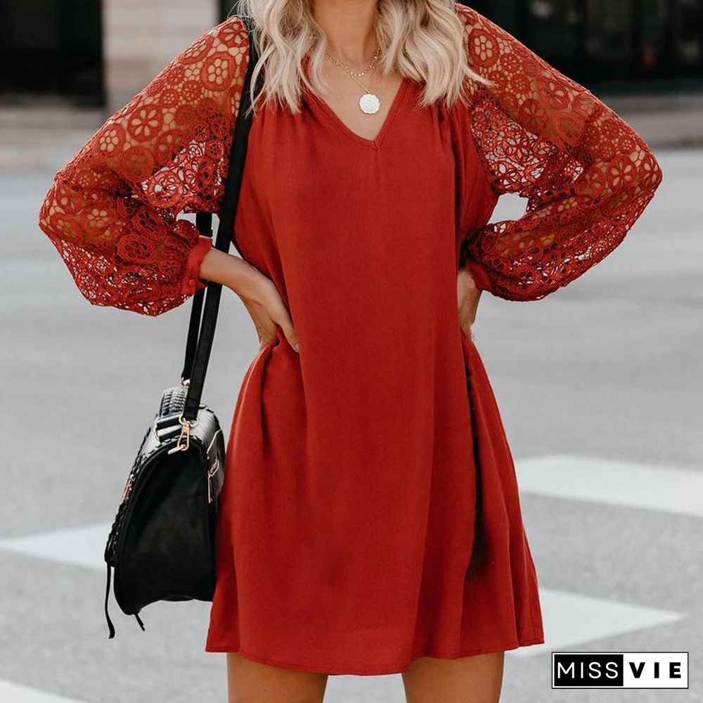 V-Neck Lace Mini Dress