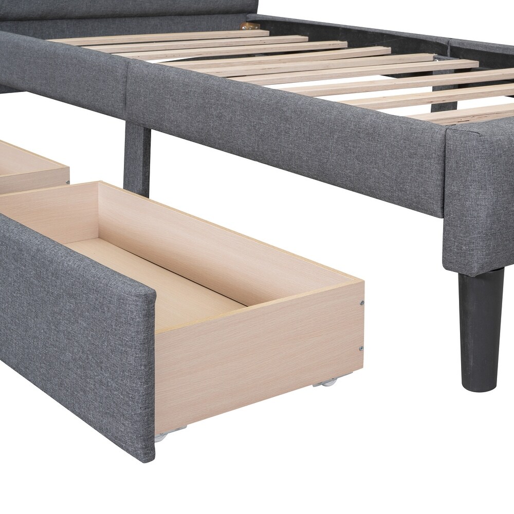 Solid   Sturdy Twin Size Upholstered Platform Bed with 2 Drawers