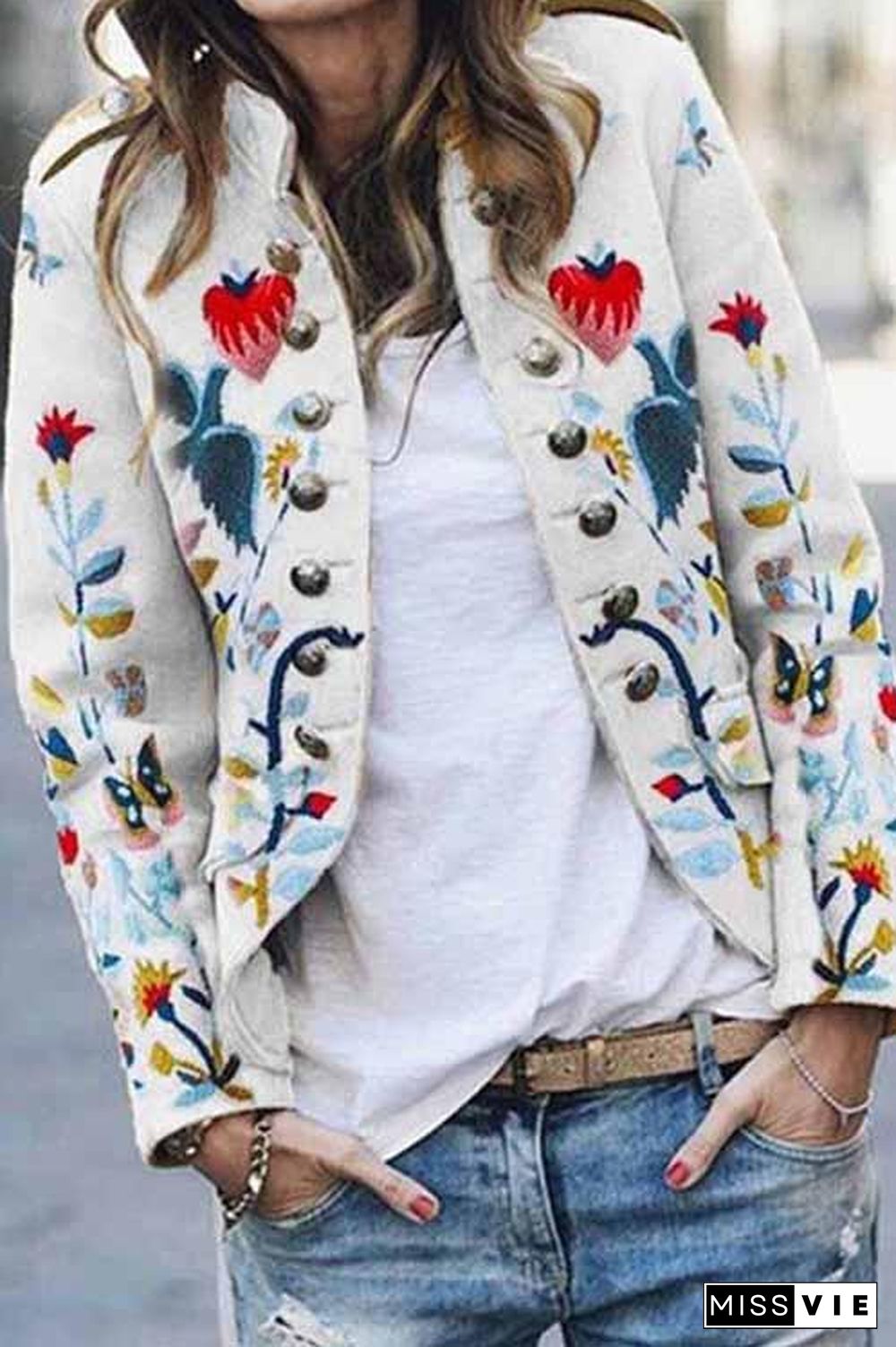 Floral Print Metal Button  Jacket