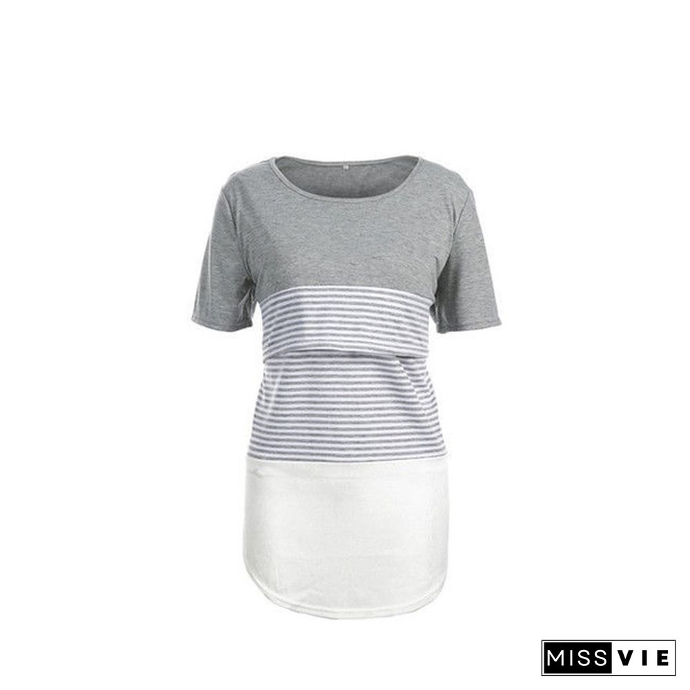 Women Maternity Breastfeeding Tee Nursing Tops Striped Short Sleeve Cotton T-shirt