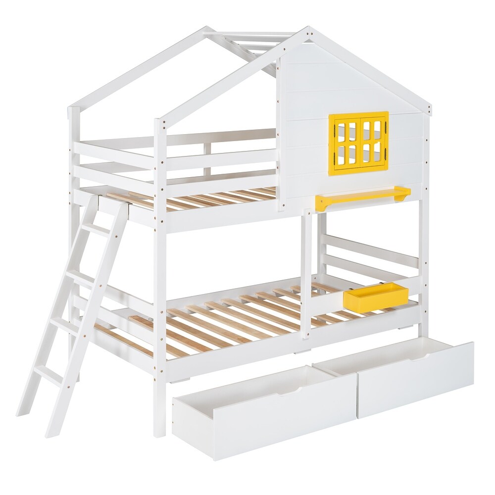 Contemporary Unique Design Twin over Twin Bunk Bed with 2 Drawers  1 Storage Box  1 Shelf and Quality Structure for Bedroom