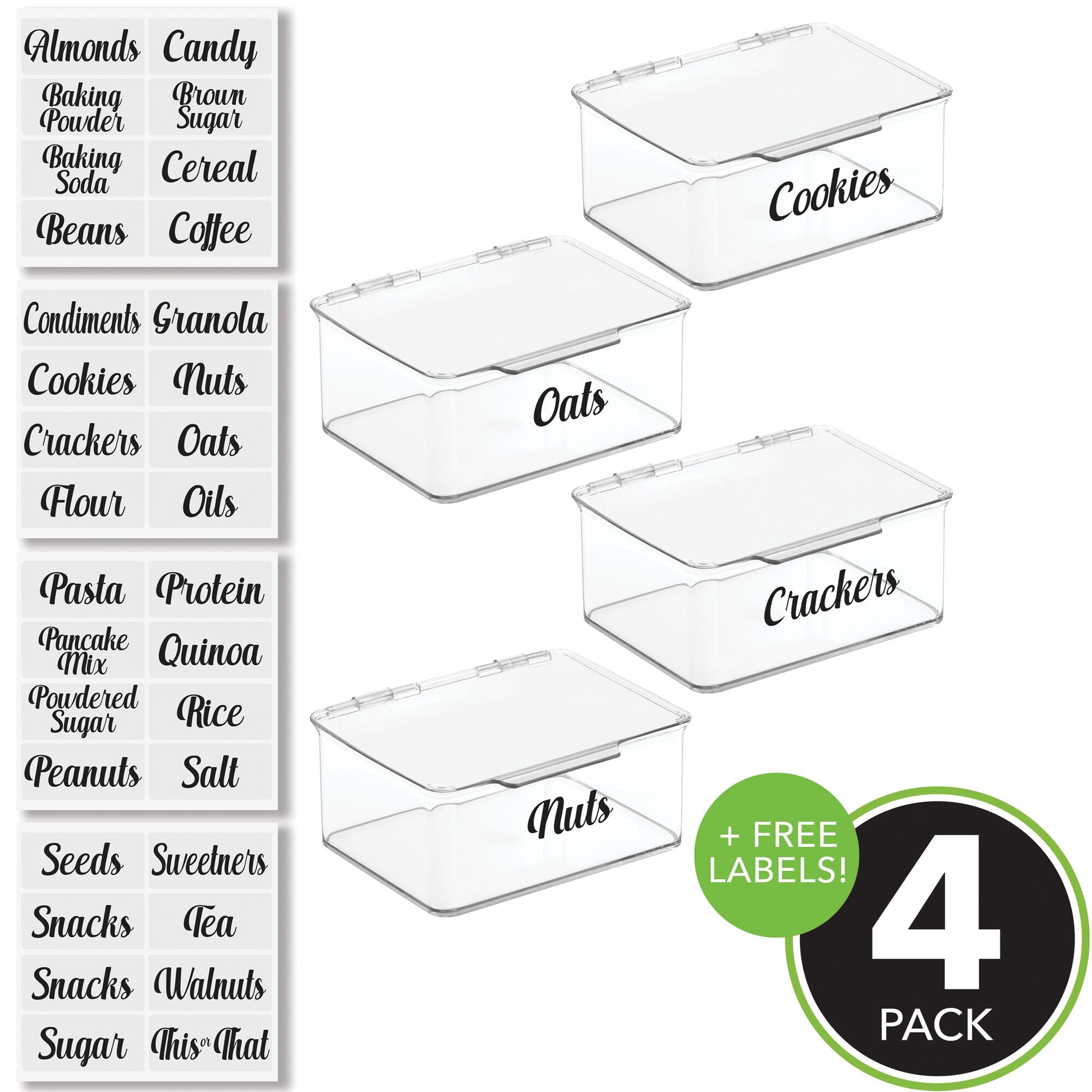 mDesign Plastic Stackable Kitchen Pantry Cabinet/Refrigerator Food Storage Container Box, Attached Lid - Organizer for Coffee, Tea, Packets, Snack Bars - Pack of 4, Includes 32 Labels - Clear