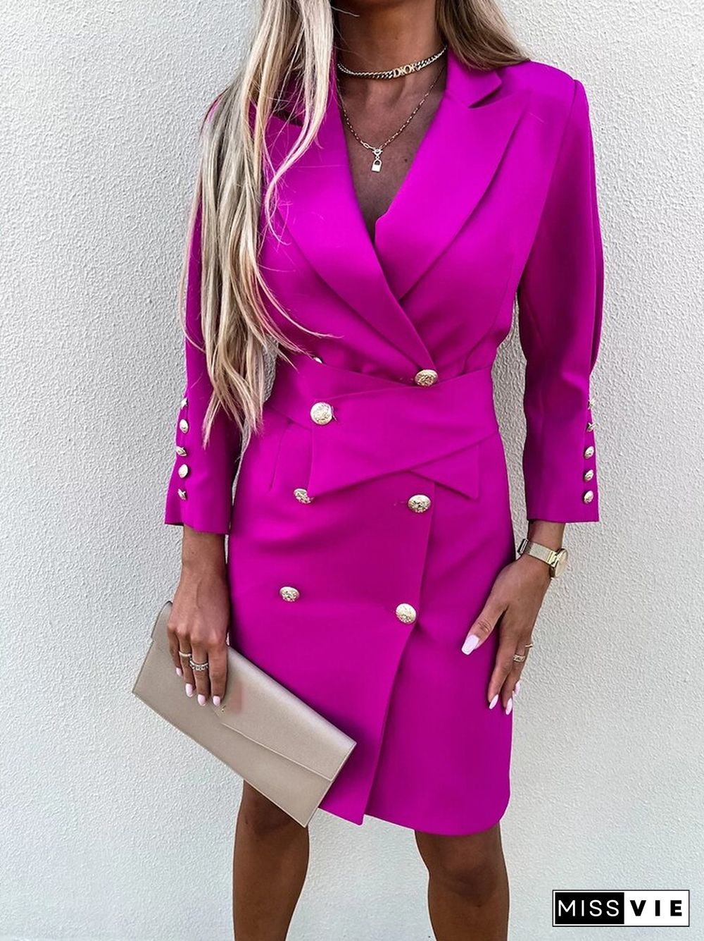 Spring Lady Fashion Office Commuter Suit Dress Casual Solid Long Sleeve Lapel Waist Dresses Fall Button Temperament Women Dress