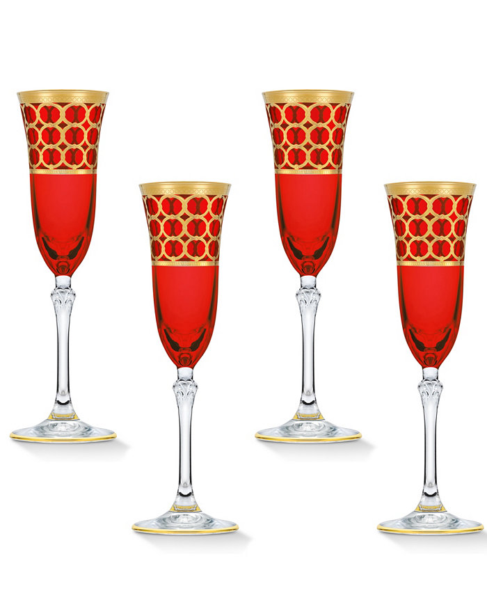 Lorren Home Trends Deep Red Colored Champagne Flutes with Gold-Tone Rings Set of 4