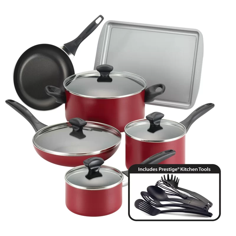 Farberware 21807 Dishwasher Safe 15-Piece Aluminum Nonstick Cookware Set in Red