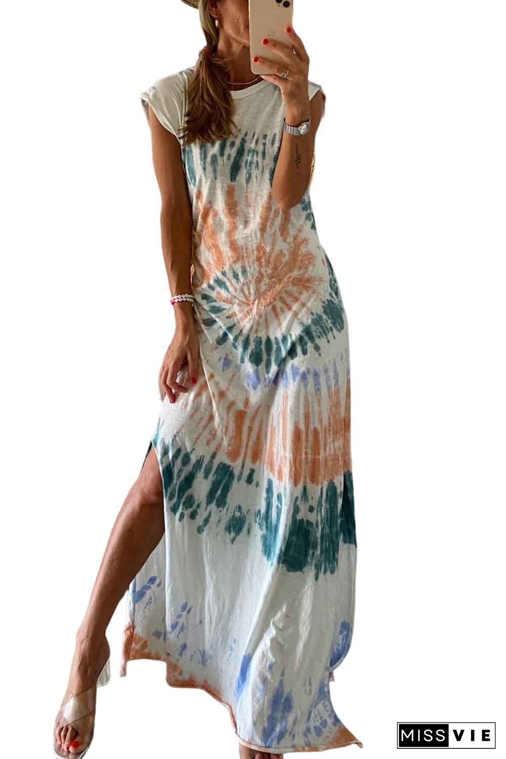 White Cap Sleeve Tie Dye Long Slit Dress