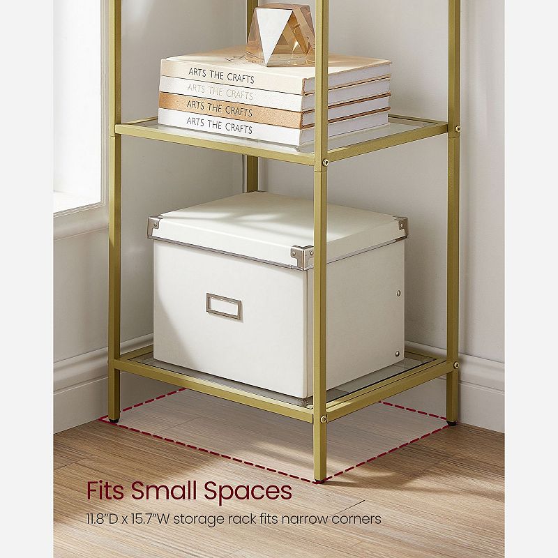 6-tier Glass Shelf， Standing Glass Bookshelf， Narrow Bookcase With Steel Frame