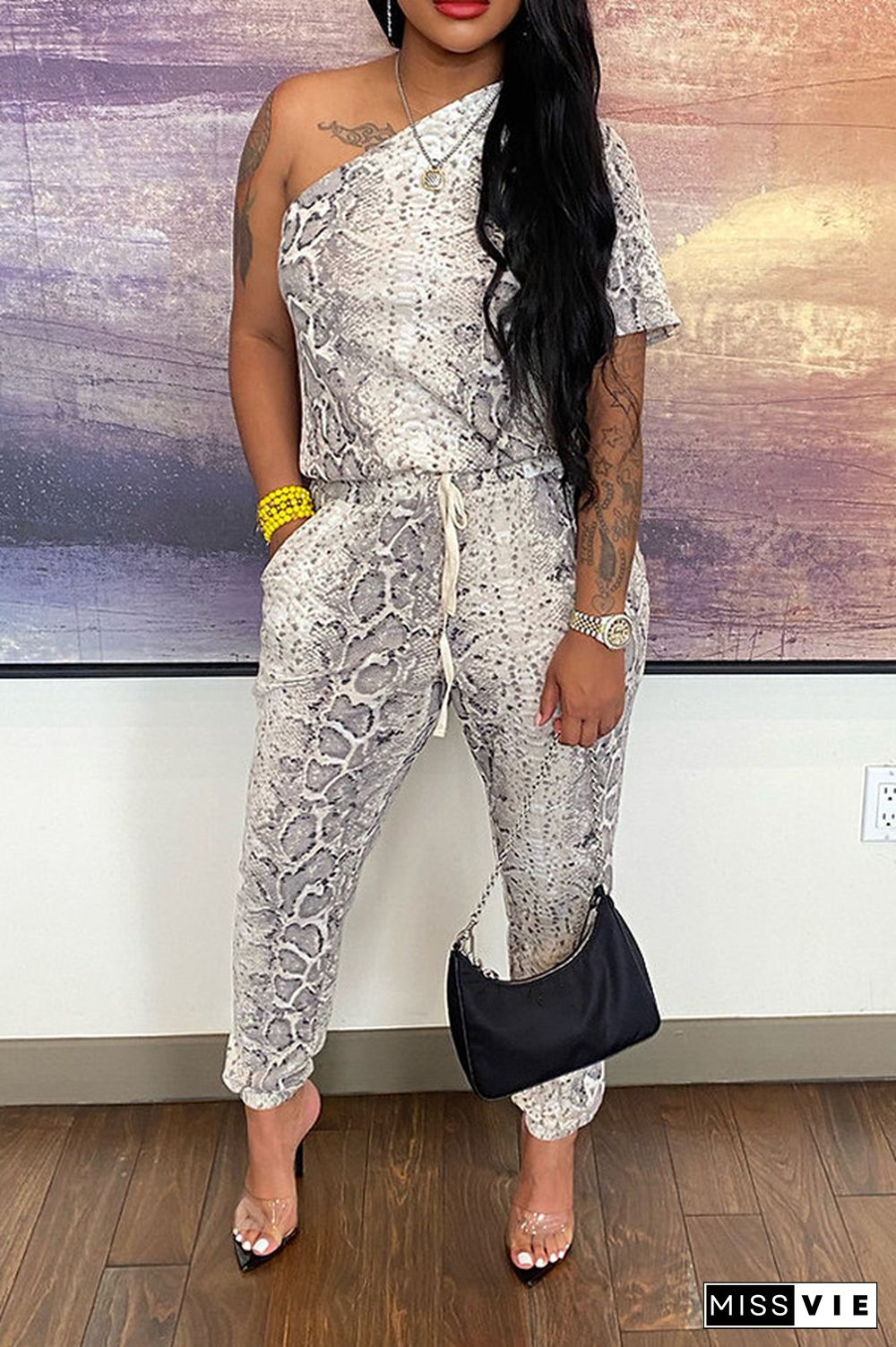 Snakeskin Short Sleeve One Shoulder Street Jumpsuits