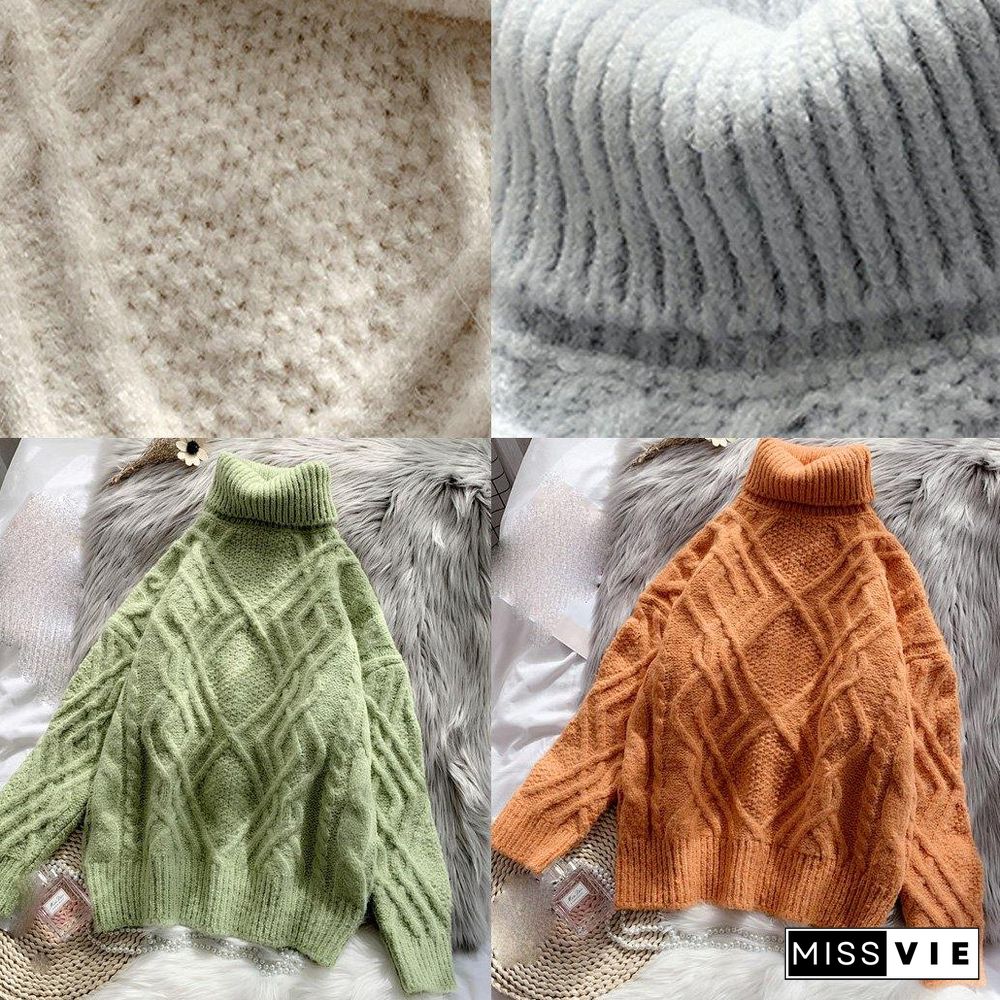 Comfy light green sweater tops chunky  plus size clothing high neck sweaters