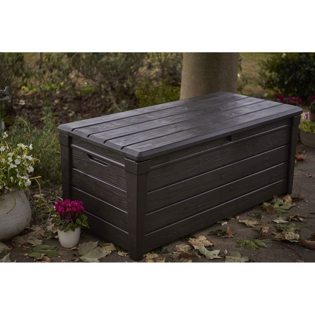 Keter Large 120 Gallon Waterproof All weather Resistant Wood Panel Outdoor Deck Garden Storage Box Bench Brown