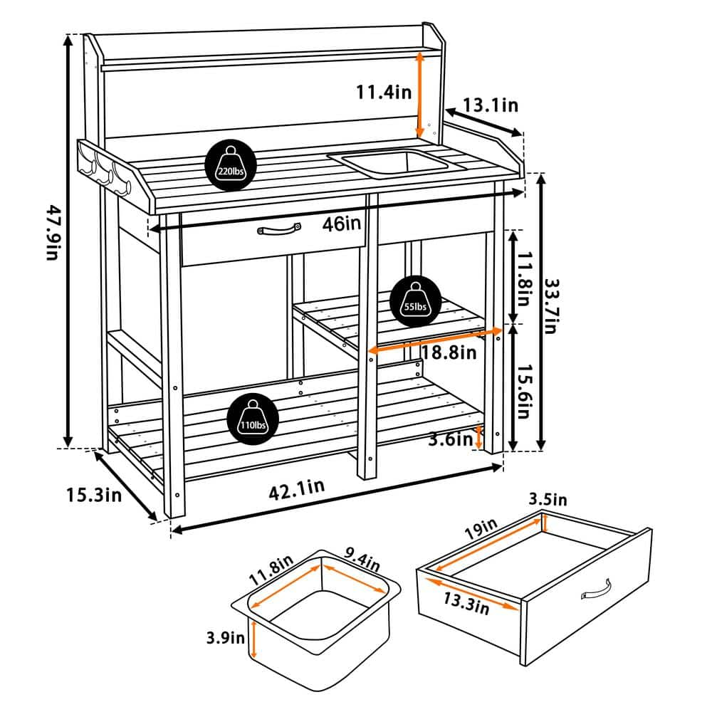 VEIKOUS 48 in. H Wood Potting Benches and Tables with Removable Stainless Sink and Drawers in Dark Grey PG0103-02GY-5