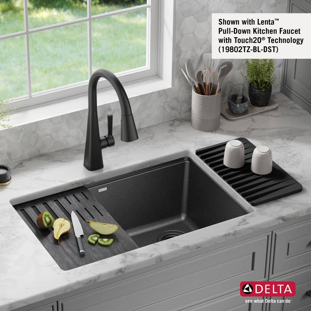 Delta Everest Metallic Black Granite Composite 29 in. Single Bowl Undermount Workstation Kitchen Sink with Accessories 75B933-30S-BL