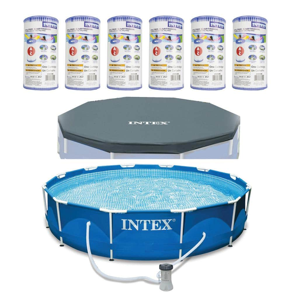 Intex Round 12 ft. Metal Frame Above Ground Swimming Pool with Pump, Filter Cartridge (6-Pack) and Cover 30 in. H 28211EH + 6 x 29000E + 28031E