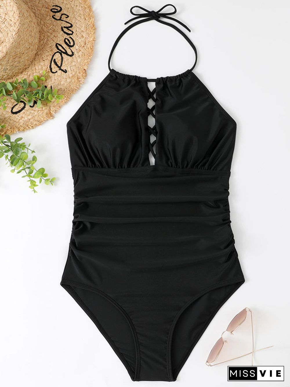 Cross Strap Lace-up Stitching One Piece Swimwear