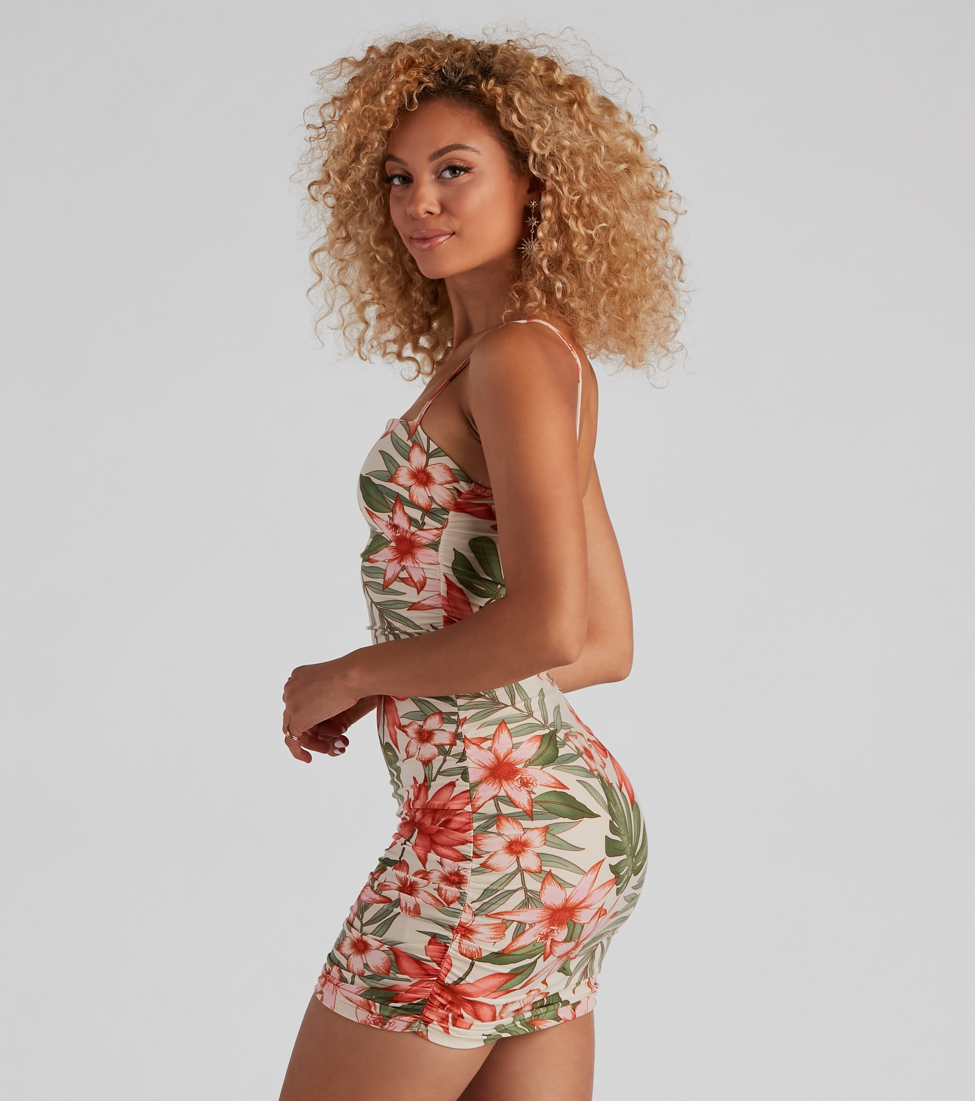 Tropical Glam Ruched Short Dress