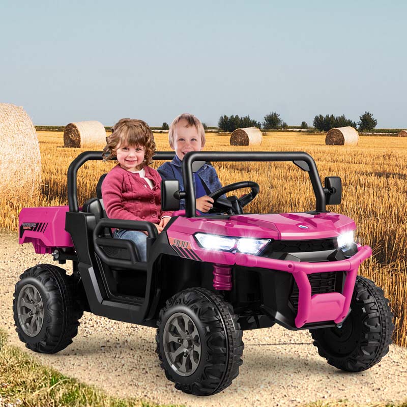 2-Seater Kids Ride On Car, 12V Battery Powered Off-Road UTV Dump Truck with Electric Dump Bed & Shovel