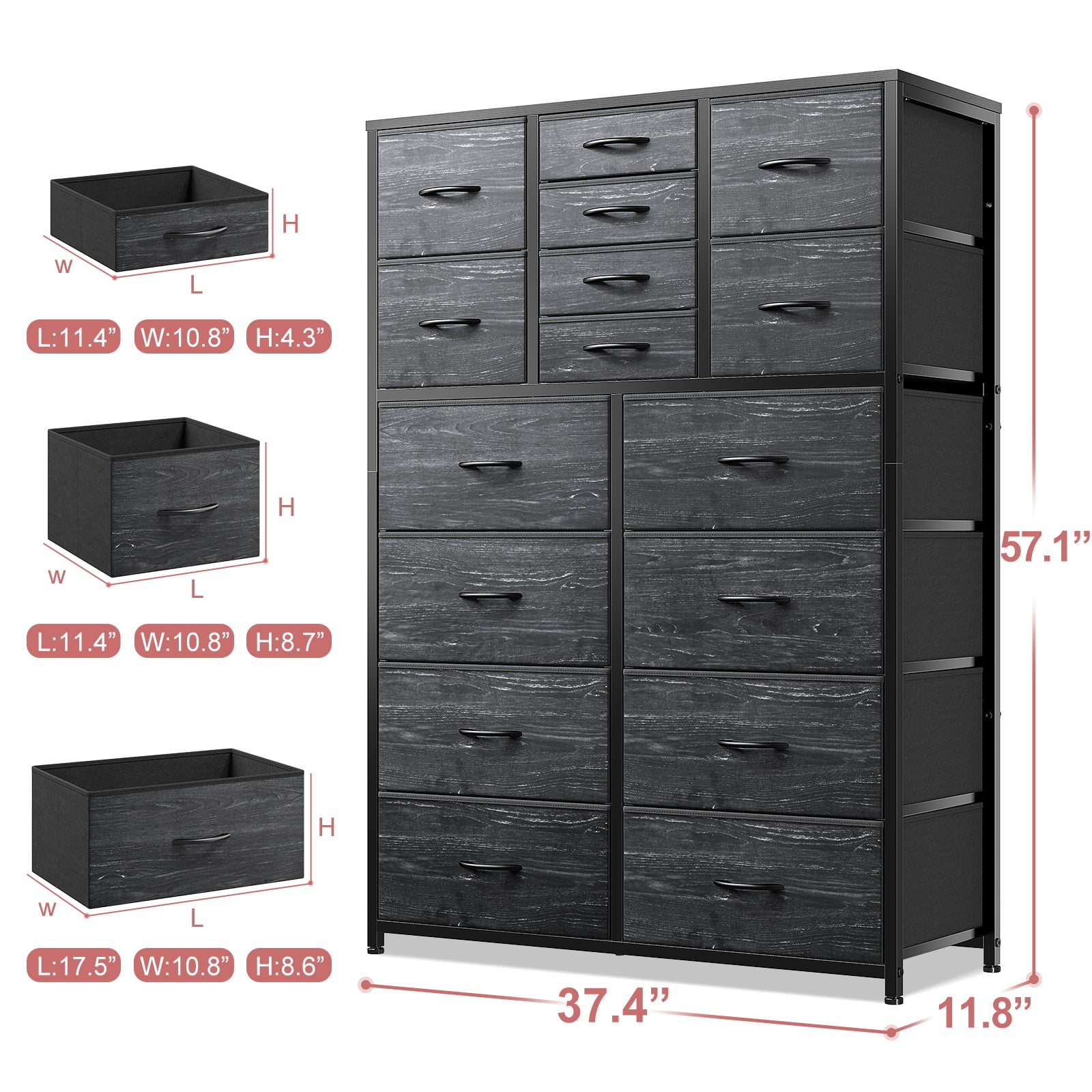 EnHomee Tall Dresser for Bedroom Dresser with 16 Drawers Fabric Large Dresser Closet Dresser Slim Chest of Drawers Storage Tower for Living Room, Office, Bedroom, Charcoal Black Wood Grain Print