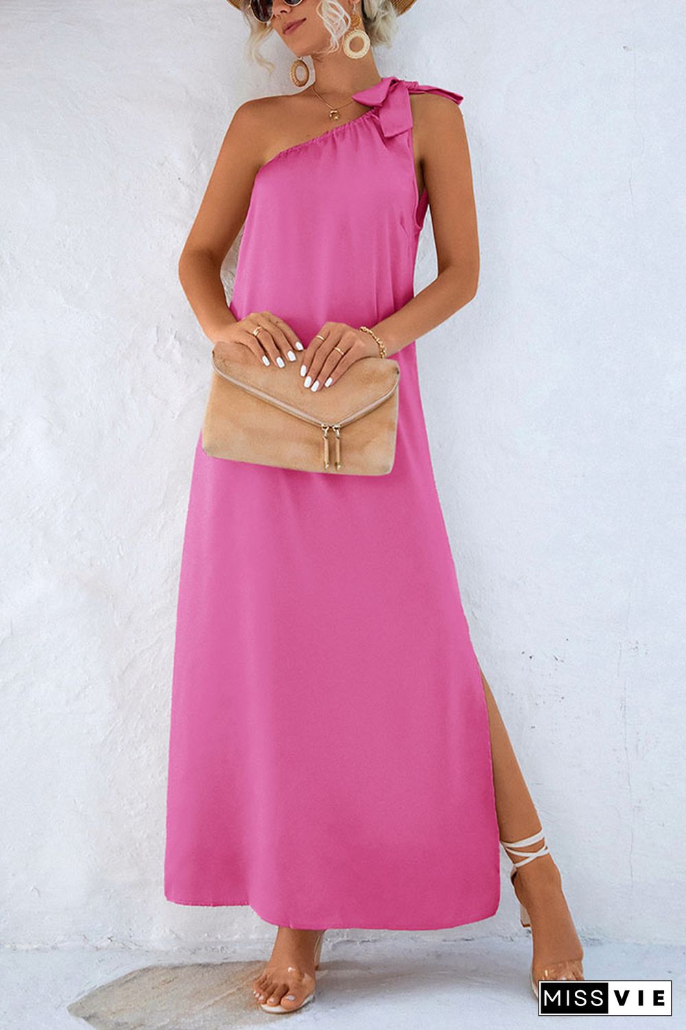 One Shoulder Tie Knot Split Maxi Dress