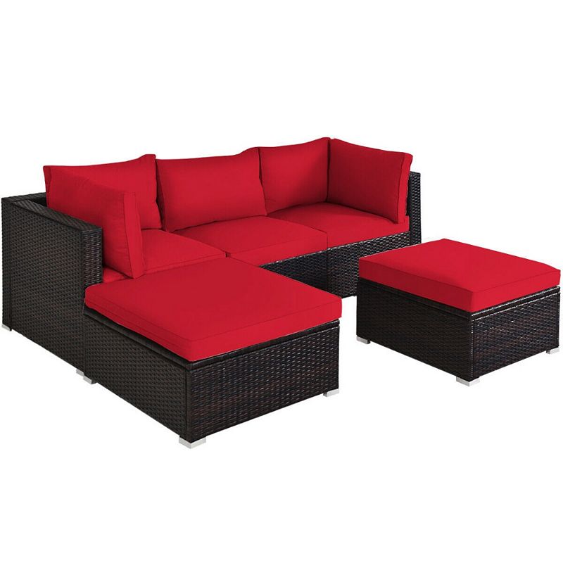 5 Pieces Patio Rattan Sectional Conversation Ottoman Furniture Set