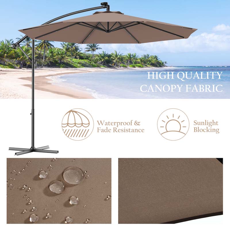 10 FT Offset Patio Umbrella with Solar LED Lights & Cross Base, Large Outdoor Cantilever Umbrella for Sun Rain