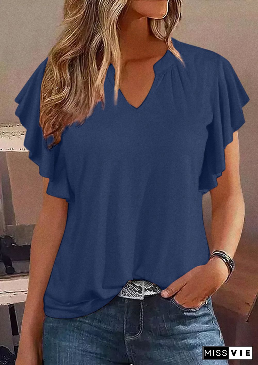 Solid Ruffle Armhole Notched Neck T-Shirt