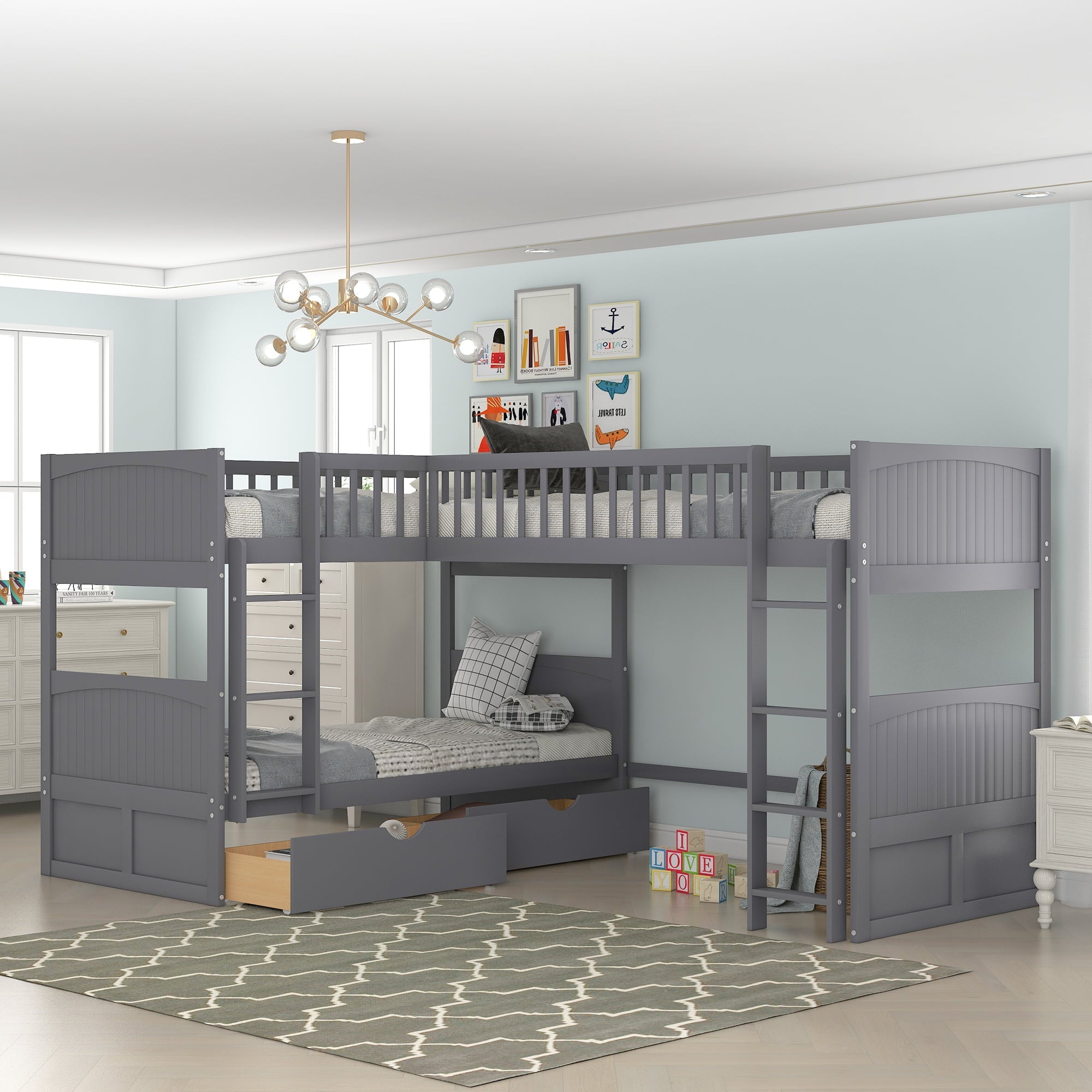 Euroco Wood Bunk Bed Storage, Twin-Over-Twin-Over-Twin for Children's Room, Gray