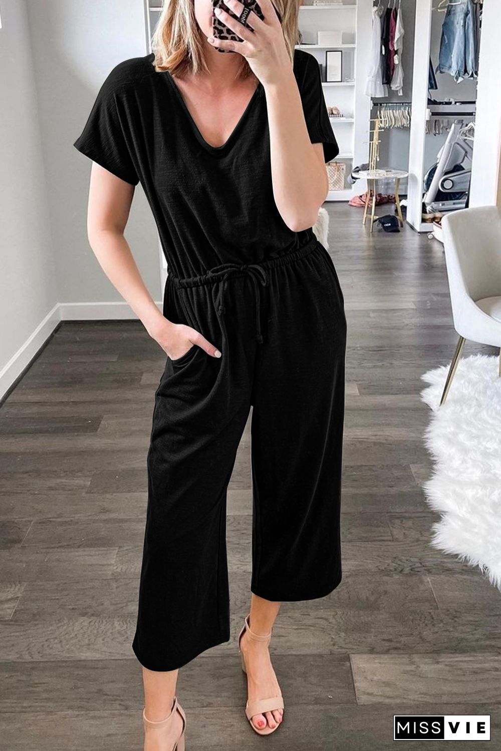 Black V Neck Short Sleeve Jumpsuit