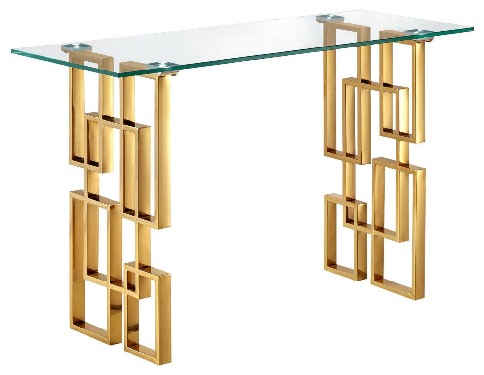 Elegant Console Table  Geometric Stainless Steel Base  ampClear Glass Top   Contemporary   Console Tables   by Decor Love  Houzz