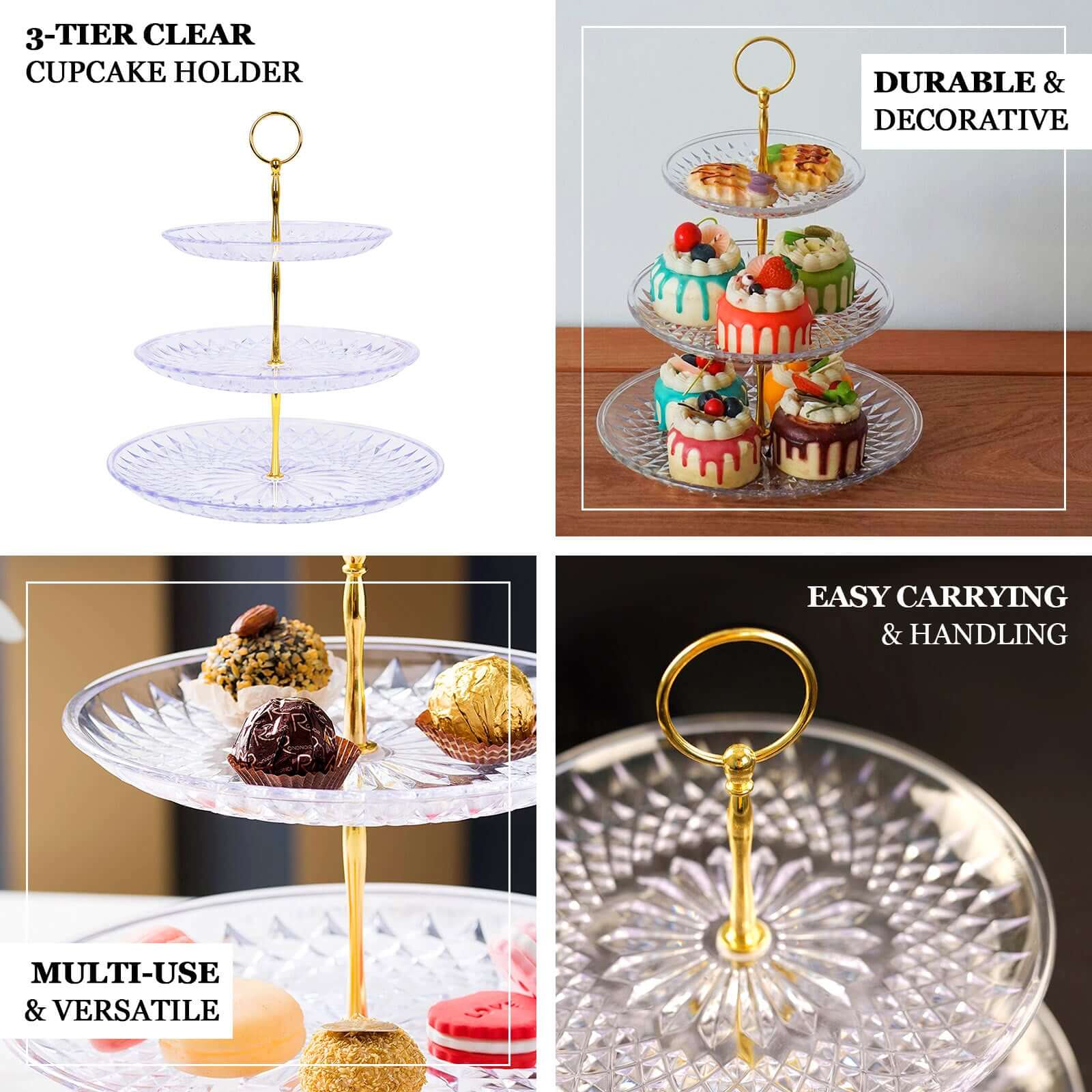 3-Tier Clear Gold Sunflower Cut Cupcake Stand, Dessert Holder 12