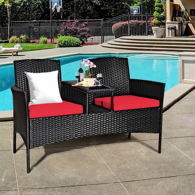 Costway Patio Rattan Conversation Set Seat Sofa Cushioned Loveseat Glass Table Chair Red turquoise