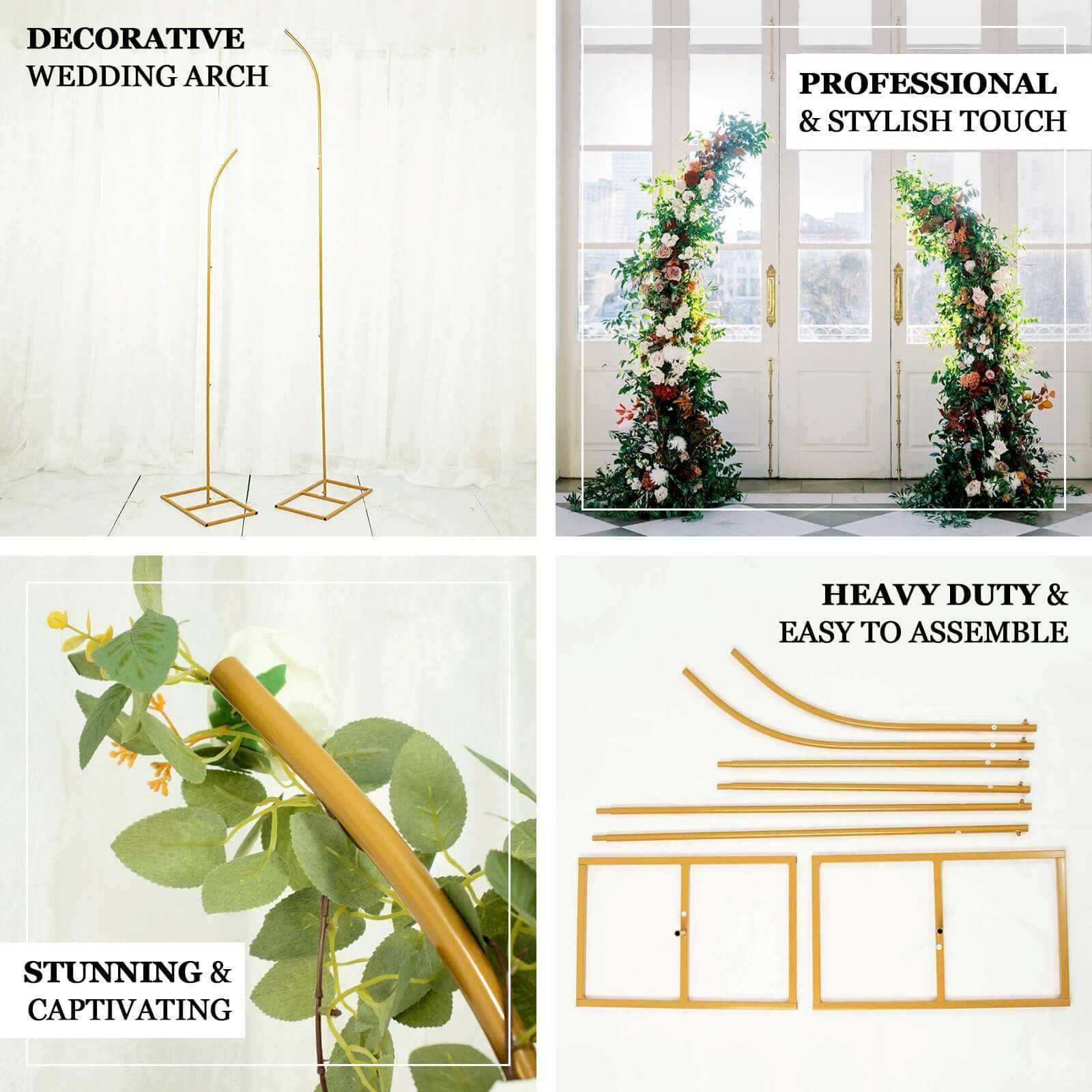 Set of 2 Gold Metal Curved Top Wedding Arch Frames, Balloon Flower Backdrop Stands 6ft, 8ft