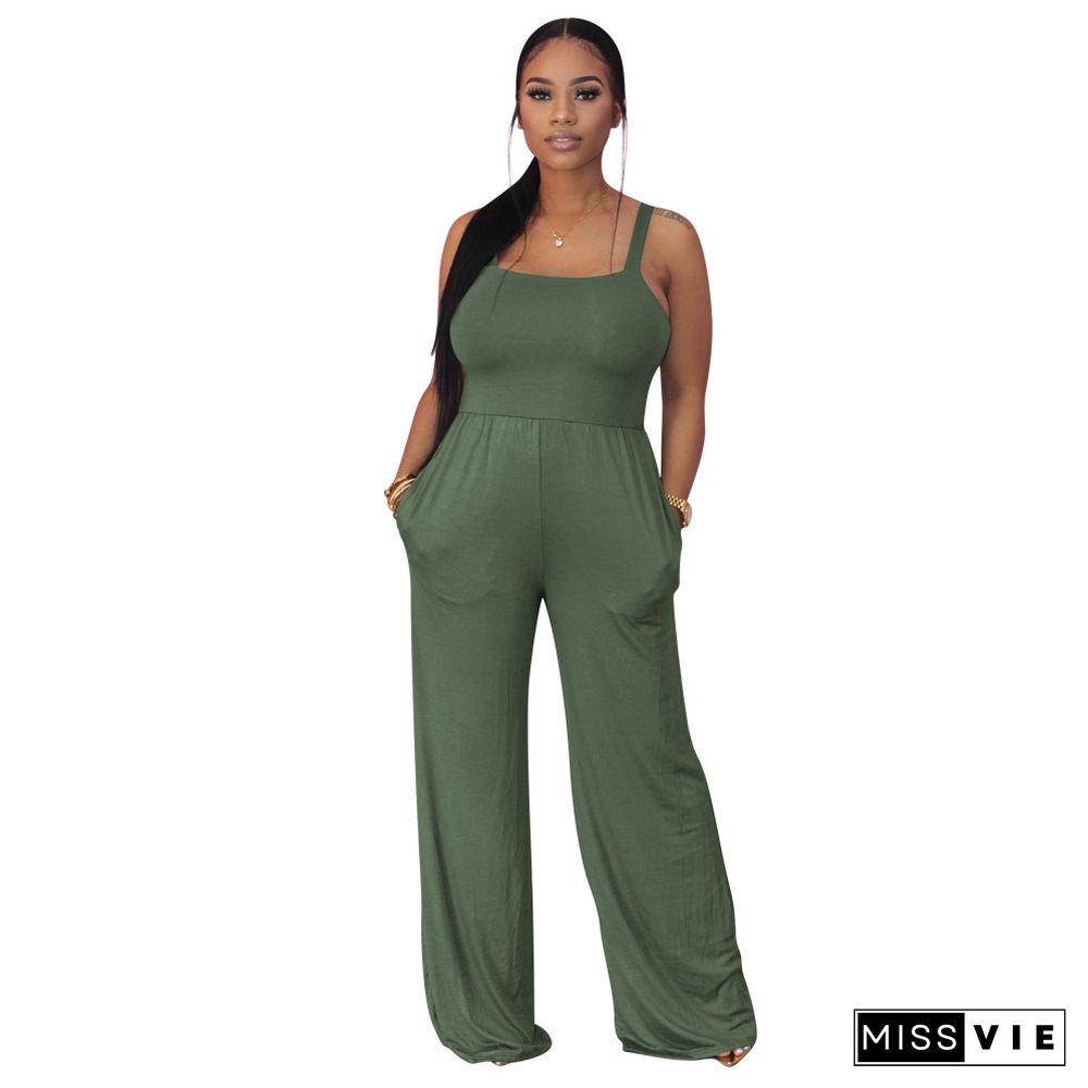 Casual Solid Color Summer Women's Sleeveless High Waist Streetwear Straight Leg jumpsuits