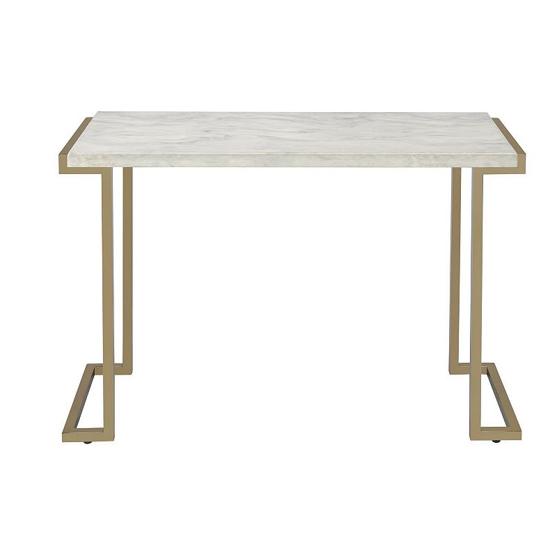 Contemporary Metal Frame Sofa Table with Faux Marble Top ，White and Gold