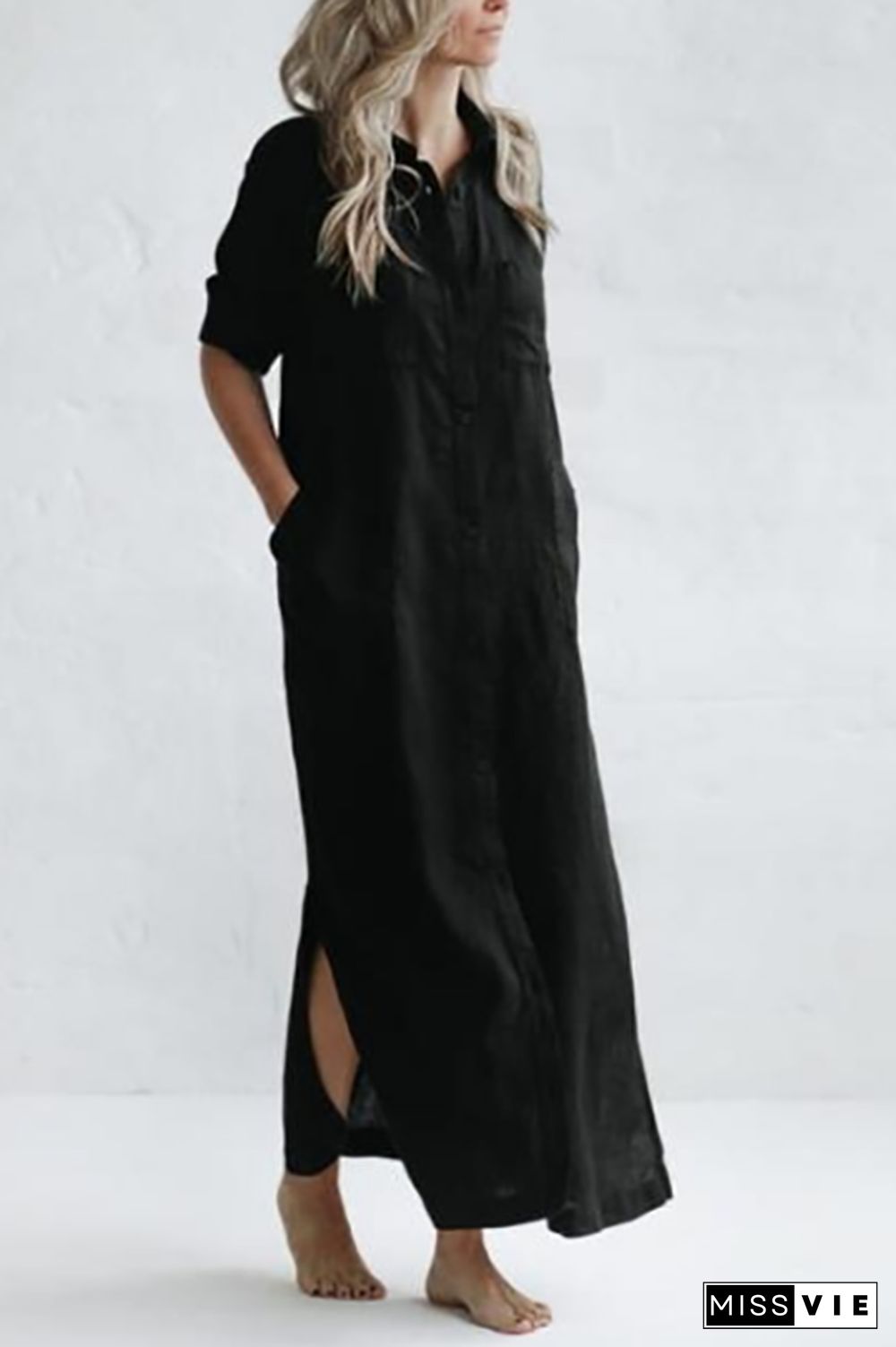 Linen Button Pockets Shirt Maxi Dress