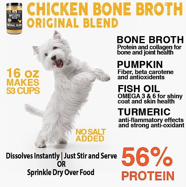 Nature's Diet Original Blend Chicken Bone Broth Dry Dog and Cat Food Topping， 16-oz jar