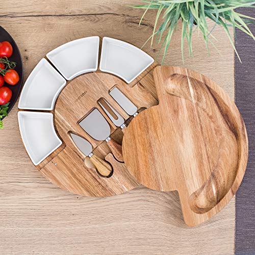 Cheese Board Set - Charcuterie Board Set and Cheese Serving Platter. US Patented 13 inch Meat/Cheese Cutting Board and Knife Set for Entertaining and Serving - 4 Knives and 4 Bowls Serv