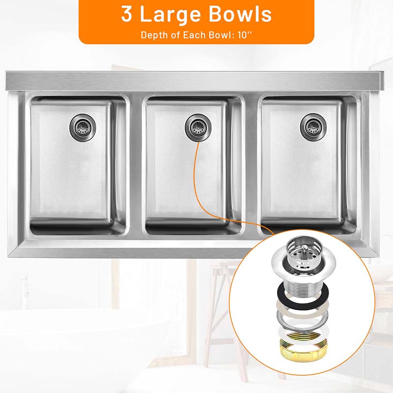 3 Compartment Commercial Stainless Steel Utility Sink, Freestanding Triple Bowl Kitchen Sink with 3 Basket Strainer Drains